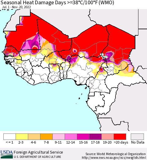 Western Africa Seasonal Heat Damage Days >=38°C/100°F (WMO) Thematic Map For 7/1/2022 - 11/20/2022