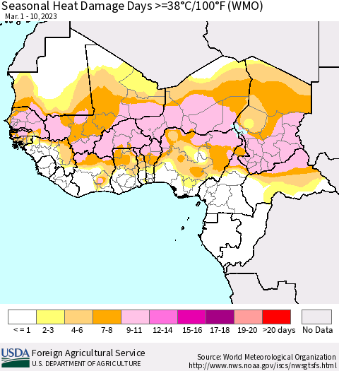 Western Africa Seasonal Heat Damage Days >=38°C/100°F (WMO) Thematic Map For 3/1/2023 - 3/10/2023