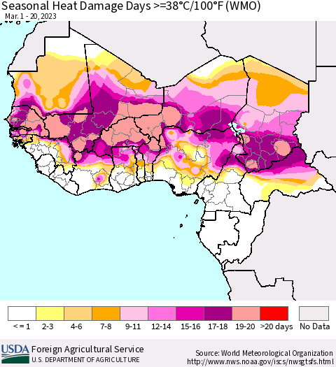 Western Africa Seasonal Heat Damage Days >=38°C/100°F (WMO) Thematic Map For 3/1/2023 - 3/20/2023