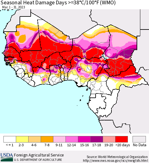 Western Africa Seasonal Heat Damage Days >=38°C/100°F (WMO) Thematic Map For 3/1/2023 - 3/31/2023