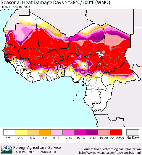 Western Africa Seasonal Heat Damage Days >=38°C/100°F (WMO) Thematic Map For 3/1/2023 - 4/10/2023