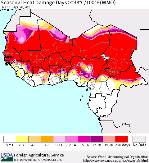 Western Africa Seasonal Heat Damage Days >=38°C/100°F (WMO) Thematic Map For 3/1/2023 - 4/20/2023