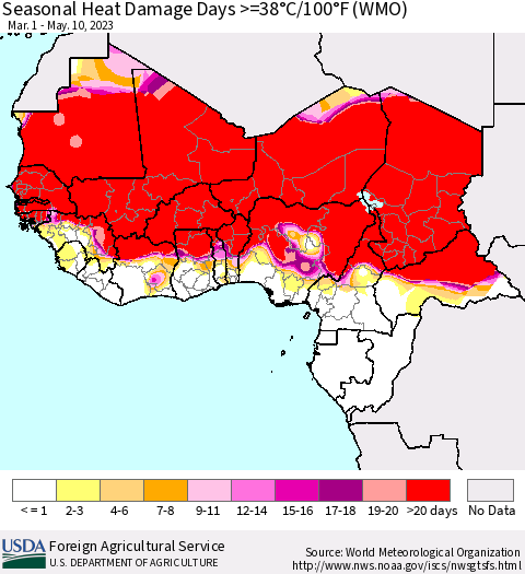 Western Africa Seasonal Heat Damage Days >=38°C/100°F (WMO) Thematic Map For 3/1/2023 - 5/10/2023