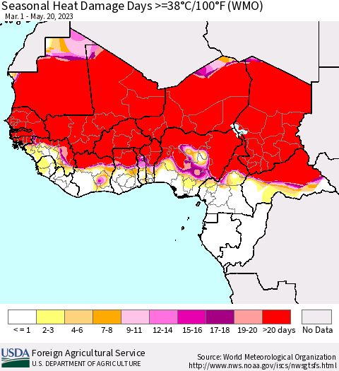Western Africa Seasonal Heat Damage Days >=38°C/100°F (WMO) Thematic Map For 3/1/2023 - 5/20/2023