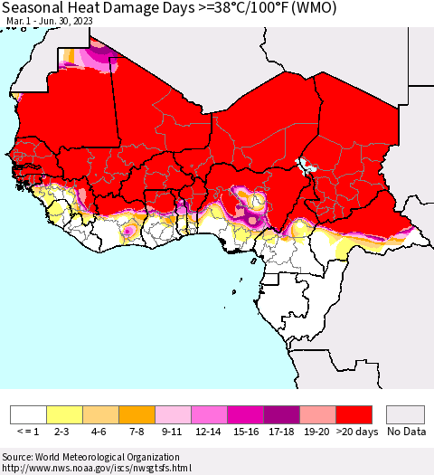 Western Africa Seasonal Heat Damage Days >=38°C/100°F (WMO) Thematic Map For 3/1/2023 - 6/30/2023