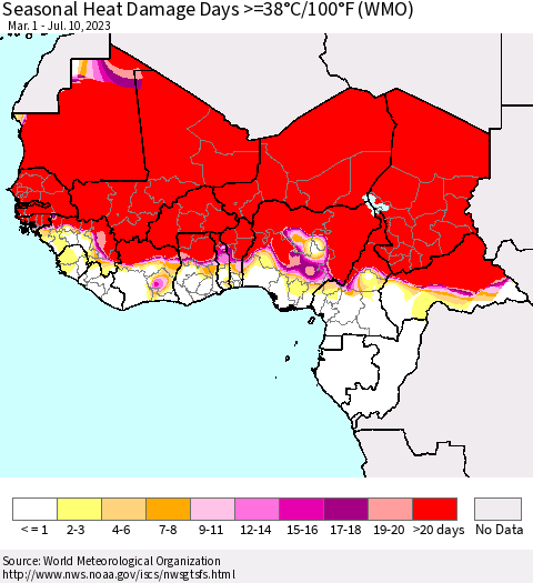 Western Africa Seasonal Heat Damage Days >=38°C/100°F (WMO) Thematic Map For 3/1/2023 - 7/10/2023