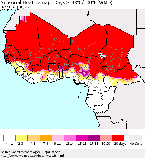 Western Africa Seasonal Heat Damage Days >=38°C/100°F (WMO) Thematic Map For 3/1/2023 - 8/10/2023