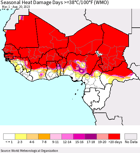 Western Africa Seasonal Heat Damage Days >=38°C/100°F (WMO) Thematic Map For 3/1/2023 - 8/20/2023