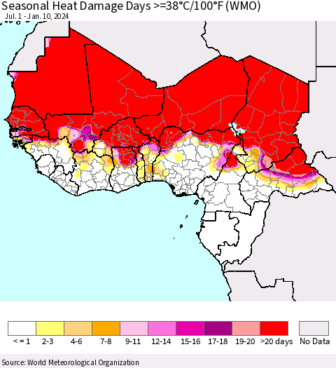 Western Africa Seasonal Heat Damage Days >=38°C/100°F (WMO) Thematic Map For 7/1/2023 - 1/10/2024