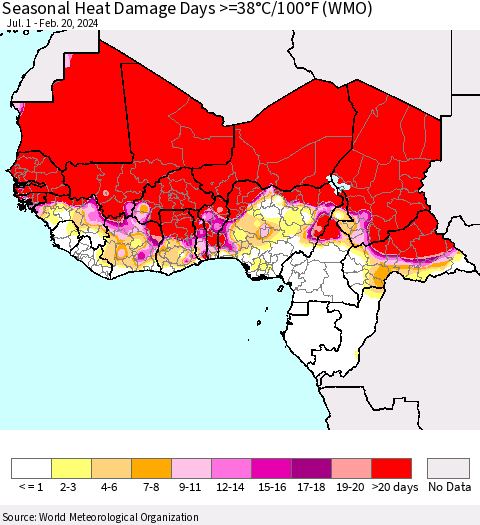 Western Africa Seasonal Heat Damage Days >=38°C/100°F (WMO) Thematic Map For 7/1/2023 - 2/20/2024