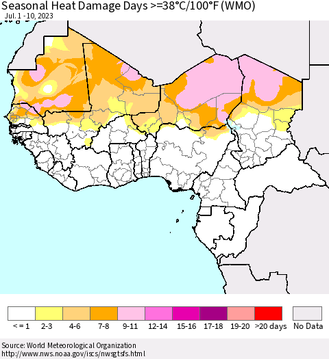 Western Africa Seasonal Heat Damage Days >=38°C/100°F (WMO) Thematic Map For 7/1/2023 - 7/10/2023