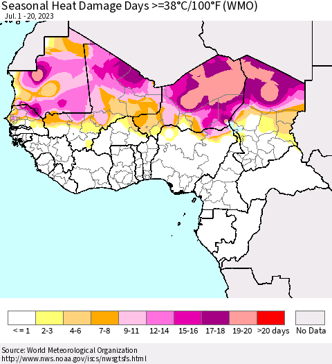 Western Africa Seasonal Heat Damage Days >=38°C/100°F (WMO) Thematic Map For 7/1/2023 - 7/20/2023