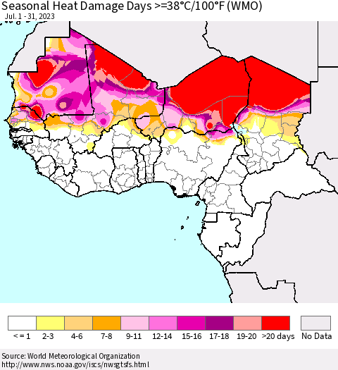 Western Africa Seasonal Heat Damage Days >=38°C/100°F (WMO) Thematic Map For 7/1/2023 - 7/31/2023