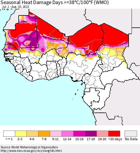 Western Africa Seasonal Heat Damage Days >=38°C/100°F (WMO) Thematic Map For 7/1/2023 - 8/10/2023