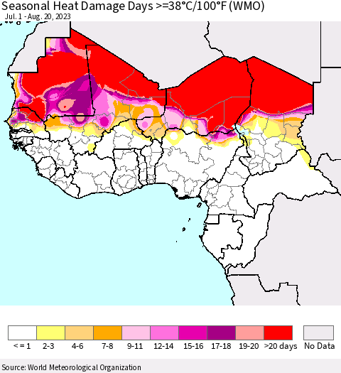 Western Africa Seasonal Heat Damage Days >=38°C/100°F (WMO) Thematic Map For 7/1/2023 - 8/20/2023