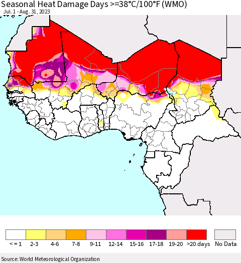 Western Africa Seasonal Heat Damage Days >=38°C/100°F (WMO) Thematic Map For 7/1/2023 - 8/31/2023