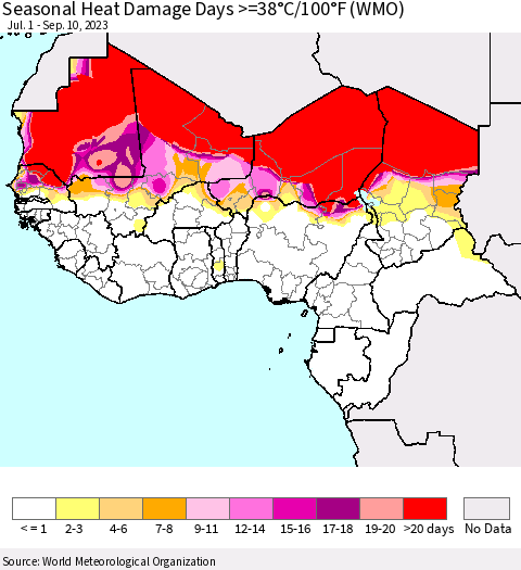 Western Africa Seasonal Heat Damage Days >=38°C/100°F (WMO) Thematic Map For 7/1/2023 - 9/10/2023