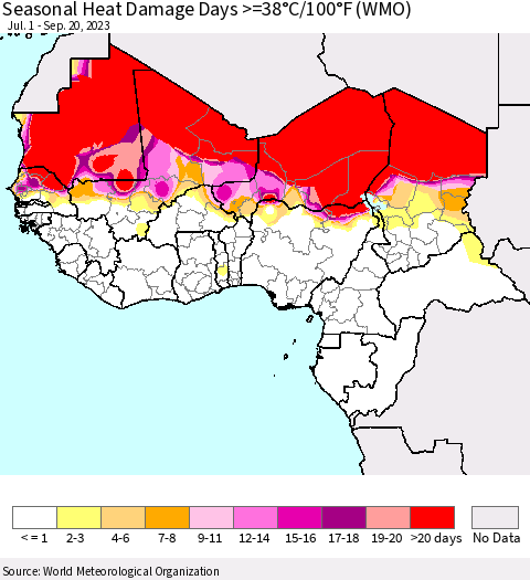 Western Africa Seasonal Heat Damage Days >=38°C/100°F (WMO) Thematic Map For 7/1/2023 - 9/20/2023