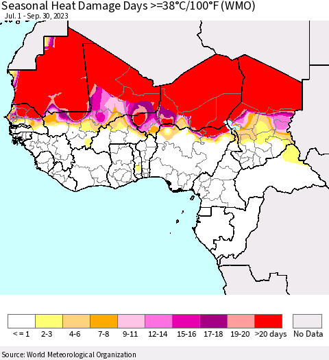 Western Africa Seasonal Heat Damage Days >=38°C/100°F (WMO) Thematic Map For 7/1/2023 - 9/30/2023