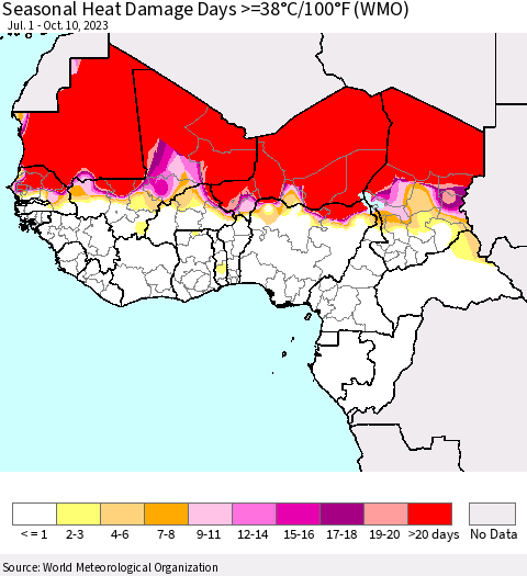 Western Africa Seasonal Heat Damage Days >=38°C/100°F (WMO) Thematic Map For 7/1/2023 - 10/10/2023
