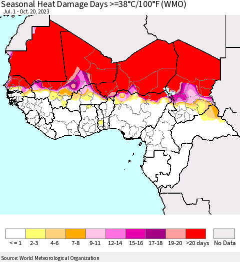 Western Africa Seasonal Heat Damage Days >=38°C/100°F (WMO) Thematic Map For 7/1/2023 - 10/20/2023