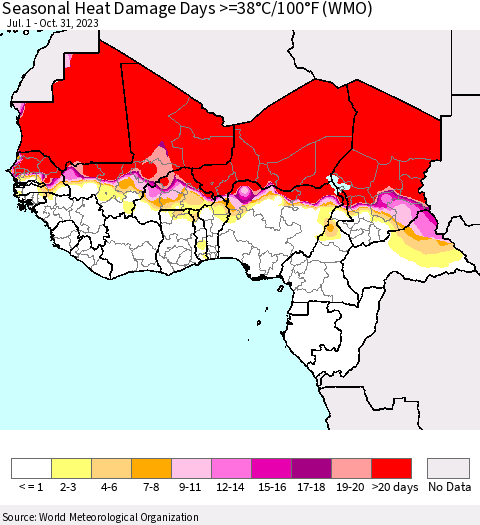 Western Africa Seasonal Heat Damage Days >=38°C/100°F (WMO) Thematic Map For 7/1/2023 - 10/31/2023