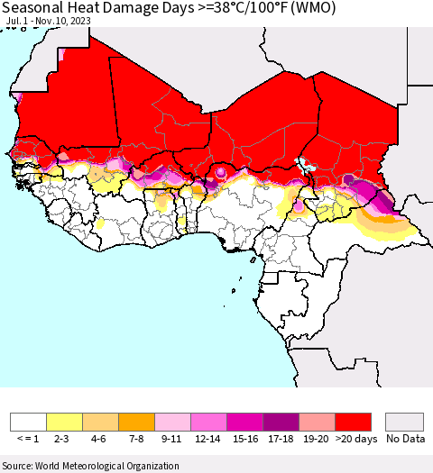 Western Africa Seasonal Heat Damage Days >=38°C/100°F (WMO) Thematic Map For 7/1/2023 - 11/10/2023