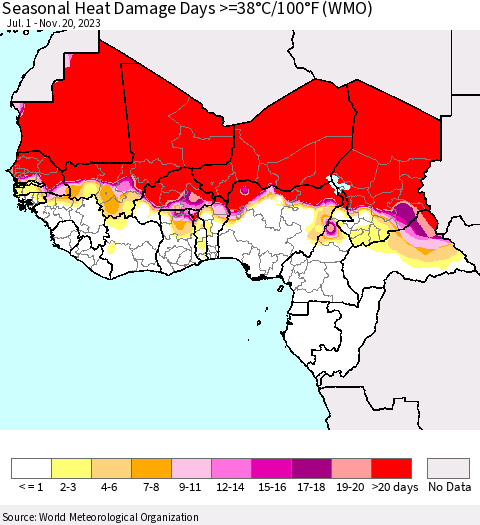 Western Africa Seasonal Heat Damage Days >=38°C/100°F (WMO) Thematic Map For 7/1/2023 - 11/20/2023