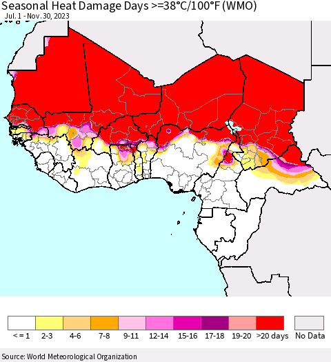 Western Africa Seasonal Heat Damage Days >=38°C/100°F (WMO) Thematic Map For 7/1/2023 - 11/30/2023