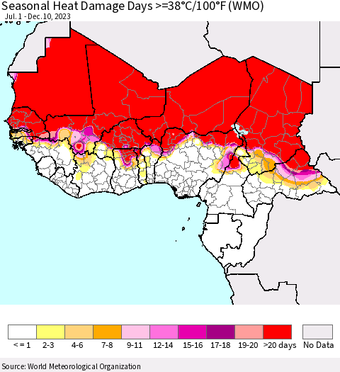 Western Africa Seasonal Heat Damage Days >=38°C/100°F (WMO) Thematic Map For 7/1/2023 - 12/10/2023