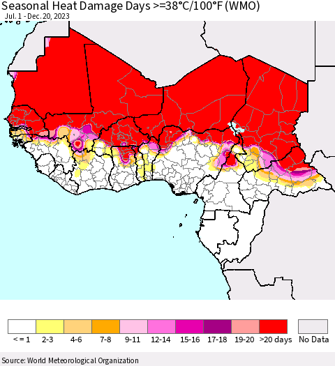 Western Africa Seasonal Heat Damage Days >=38°C/100°F (WMO) Thematic Map For 7/1/2023 - 12/20/2023