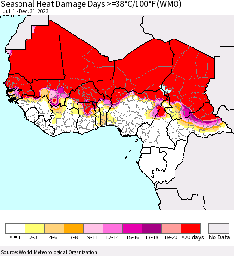 Western Africa Seasonal Heat Damage Days >=38°C/100°F (WMO) Thematic Map For 7/1/2023 - 12/31/2023