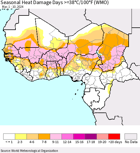 Western Africa Seasonal Heat Damage Days >=38°C/100°F (WMO) Thematic Map For 3/1/2024 - 3/10/2024