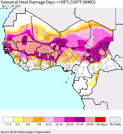 Western Africa Seasonal Heat Damage Days >=38°C/100°F (WMO) Thematic Map For 3/1/2024 - 3/20/2024