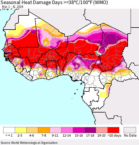 Western Africa Seasonal Heat Damage Days >=38°C/100°F (WMO) Thematic Map For 3/1/2024 - 3/31/2024