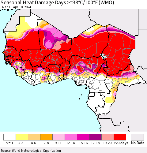 Western Africa Seasonal Heat Damage Days >=38°C/100°F (WMO) Thematic Map For 3/1/2024 - 4/10/2024