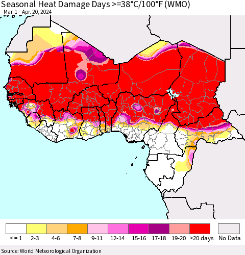 Western Africa Seasonal Heat Damage Days >=38°C/100°F (WMO) Thematic Map For 3/1/2024 - 4/20/2024
