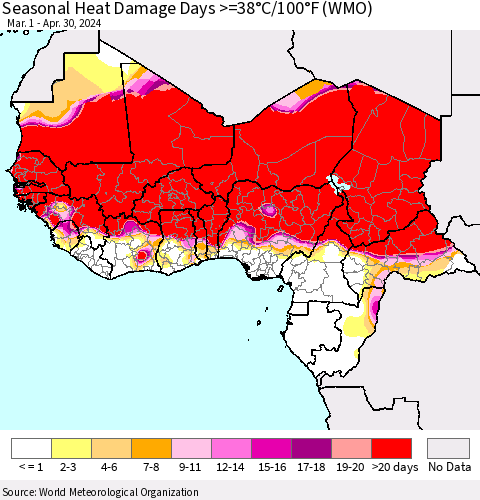 Western Africa Seasonal Heat Damage Days >=38°C/100°F (WMO) Thematic Map For 3/1/2024 - 4/30/2024