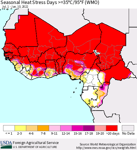 Western Africa Seasonal Heat Stress Days >=35°C/95°F (WMO) Thematic Map For 7/1/2021 - 1/10/2022
