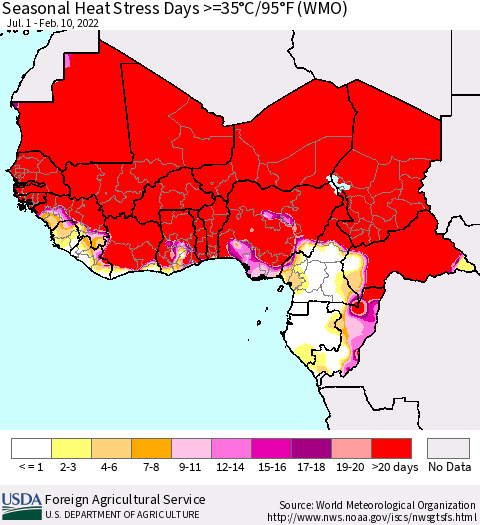 Western Africa Seasonal Heat Stress Days >=35°C/95°F (WMO) Thematic Map For 7/1/2021 - 2/10/2022