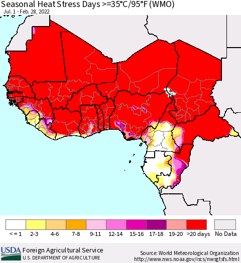 Western Africa Seasonal Heat Stress Days >=35°C/95°F (WMO) Thematic Map For 7/1/2021 - 2/28/2022