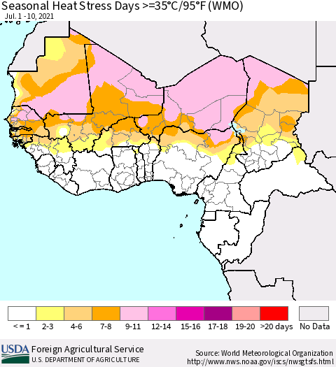 Western Africa Seasonal Heat Stress Days >=35°C/95°F (WMO) Thematic Map For 7/1/2021 - 7/10/2021