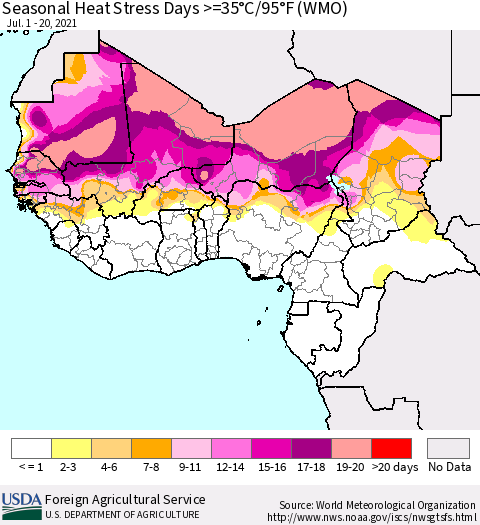 Western Africa Seasonal Heat Stress Days >=35°C/95°F (WMO) Thematic Map For 7/1/2021 - 7/20/2021