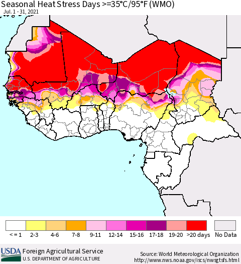 Western Africa Seasonal Heat Stress Days >=35°C/95°F (WMO) Thematic Map For 7/1/2021 - 7/31/2021