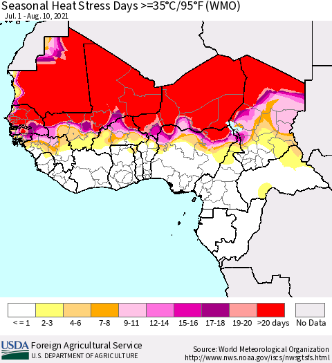 Western Africa Seasonal Heat Stress Days >=35°C/95°F (WMO) Thematic Map For 7/1/2021 - 8/10/2021