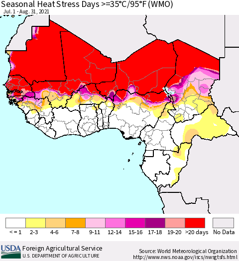 Western Africa Seasonal Heat Stress Days >=35°C/95°F (WMO) Thematic Map For 7/1/2021 - 8/31/2021