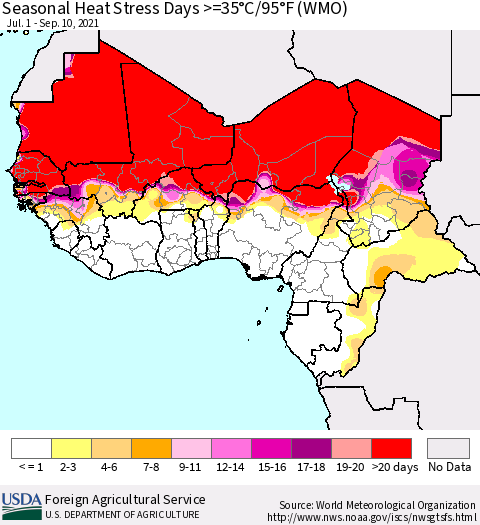 Western Africa Seasonal Heat Stress Days >=35°C/95°F (WMO) Thematic Map For 7/1/2021 - 9/10/2021