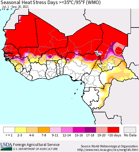 Western Africa Seasonal Heat Stress Days >=35°C/95°F (WMO) Thematic Map For 7/1/2021 - 9/20/2021