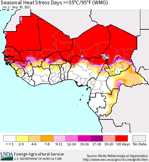 Western Africa Seasonal Heat Stress Days >=35°C/95°F (WMO) Thematic Map For 7/1/2021 - 9/30/2021