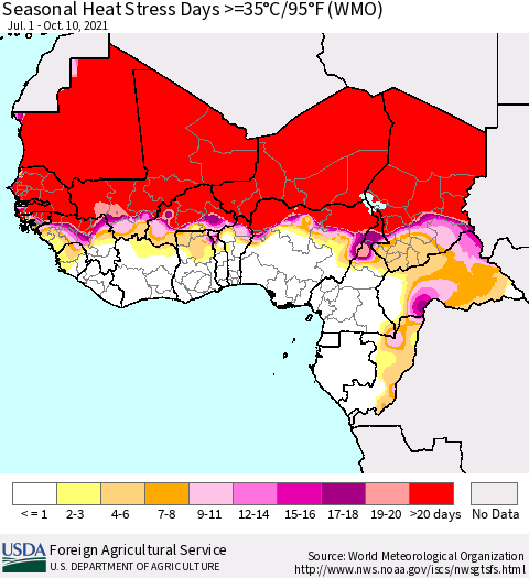 Western Africa Seasonal Heat Stress Days >=35°C/95°F (WMO) Thematic Map For 7/1/2021 - 10/10/2021